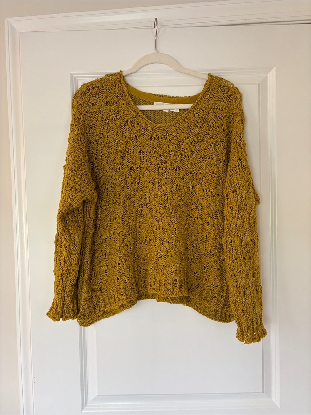Chelsea & Theodore Mustard Open-Knit Crewneck Sweater